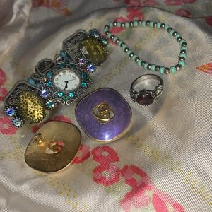 4 Piece Vintage Designer Costume Jewelry set earrings, jeweled swish watch, ring